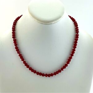 New Burgundy Crystal Necklace, Handmade, 18.5" Long, Faceted Glass, Holiday